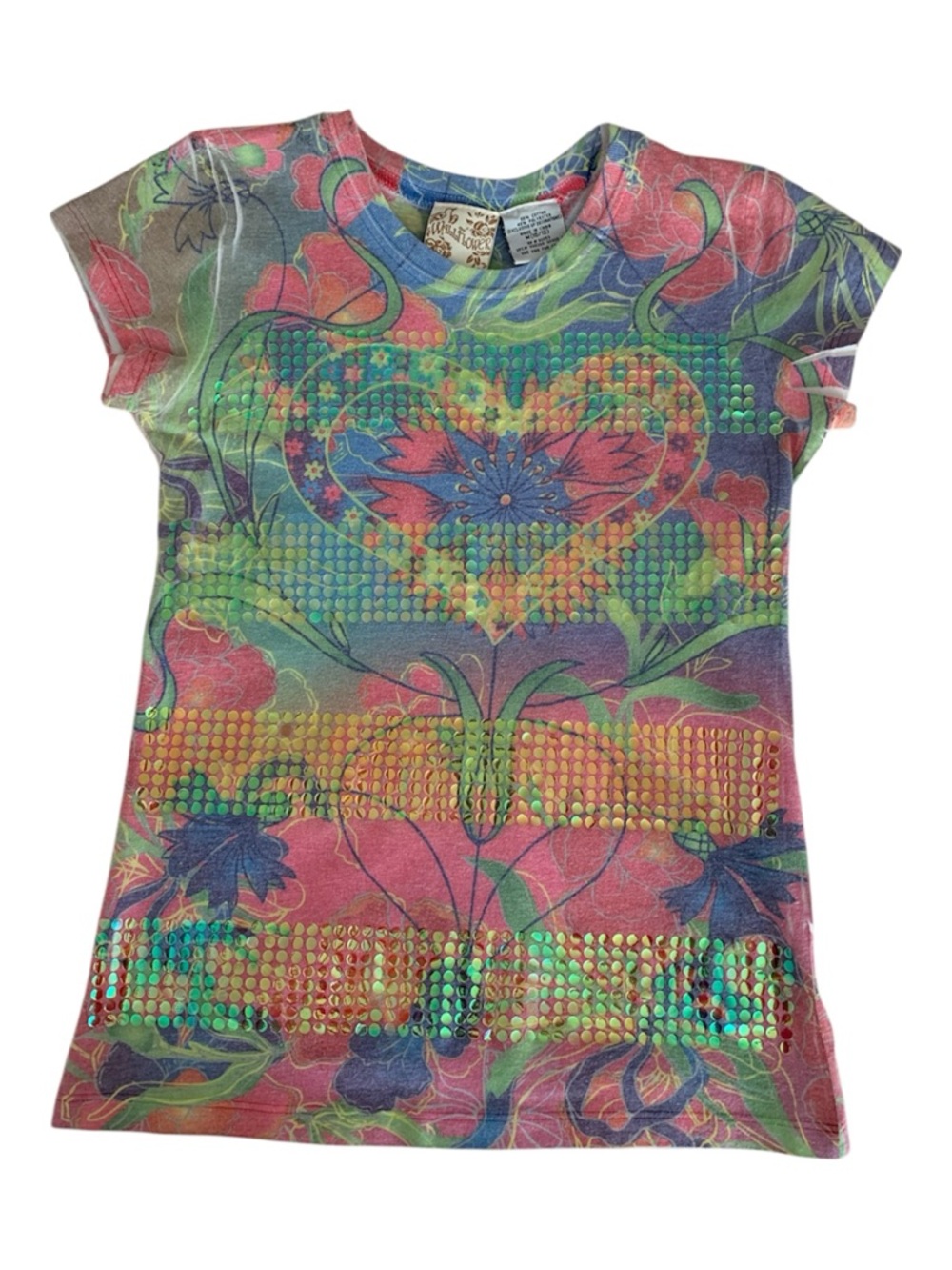 Wallflower Girls Pink Green Sequin Heart Floral Shirt M 10-12 Tee